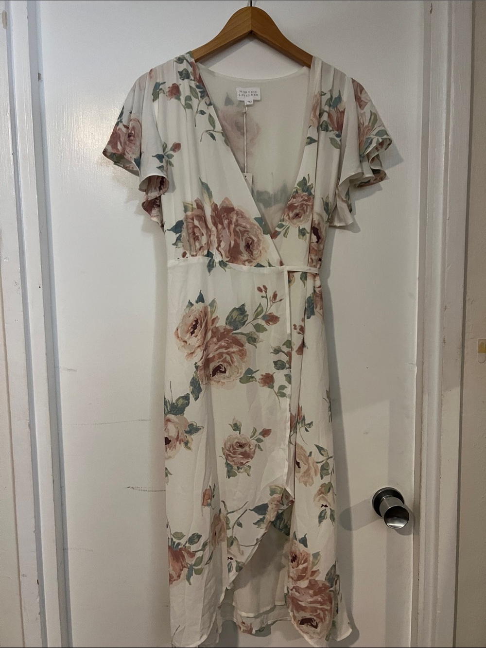Morning Lavender Cream WrapMidi Dress with Blush Rose Print